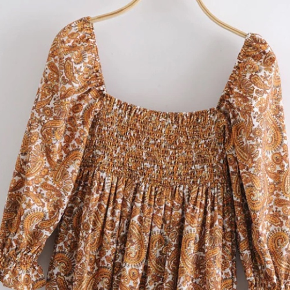 Retro Paisley Square Neck Smocked Boho Mini Dress - Picture 12 of 14